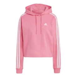 ADIDAS Essentials 3-Stripes French Terry Crop Felpa Con Cappuccio Donna - Rosa, Bianco