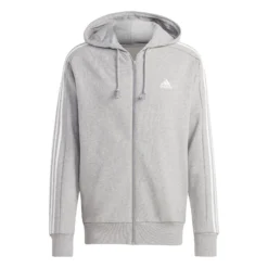 ADIDAS Essentials French Terry 3-Stripes Full-Zip Felpa Uomini - Grigio Chiaro, Bianco